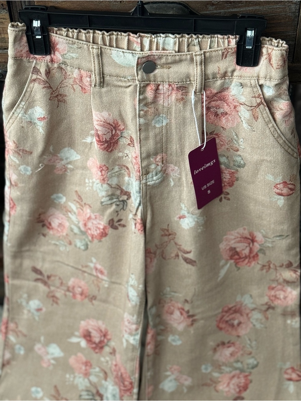 Floral Print Women’s Jeans - Pink on Tan